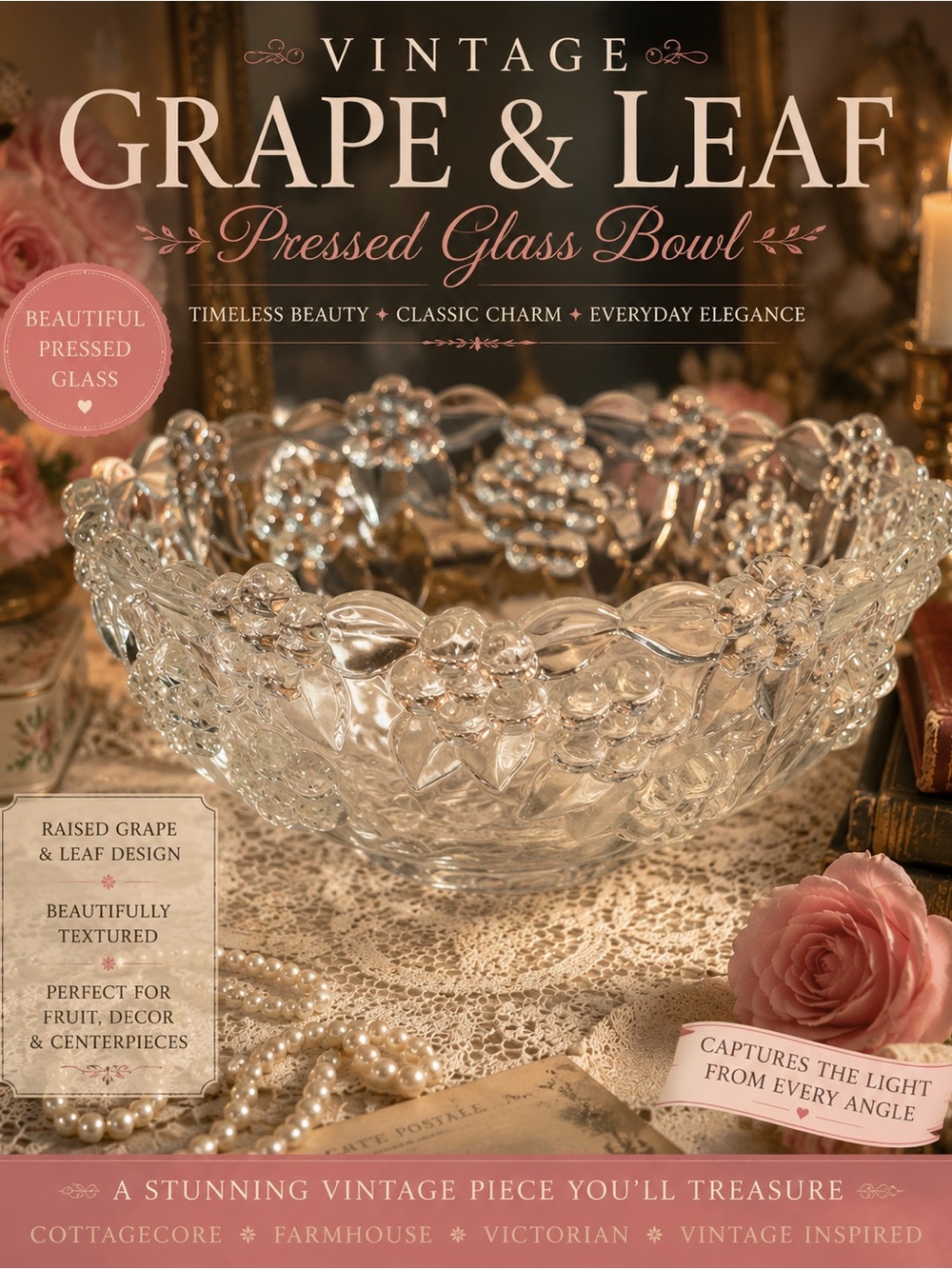 Vintage Pressed Glass Fruit Bowl Grapes & Leaves Clear Cottagecore Centerpiece